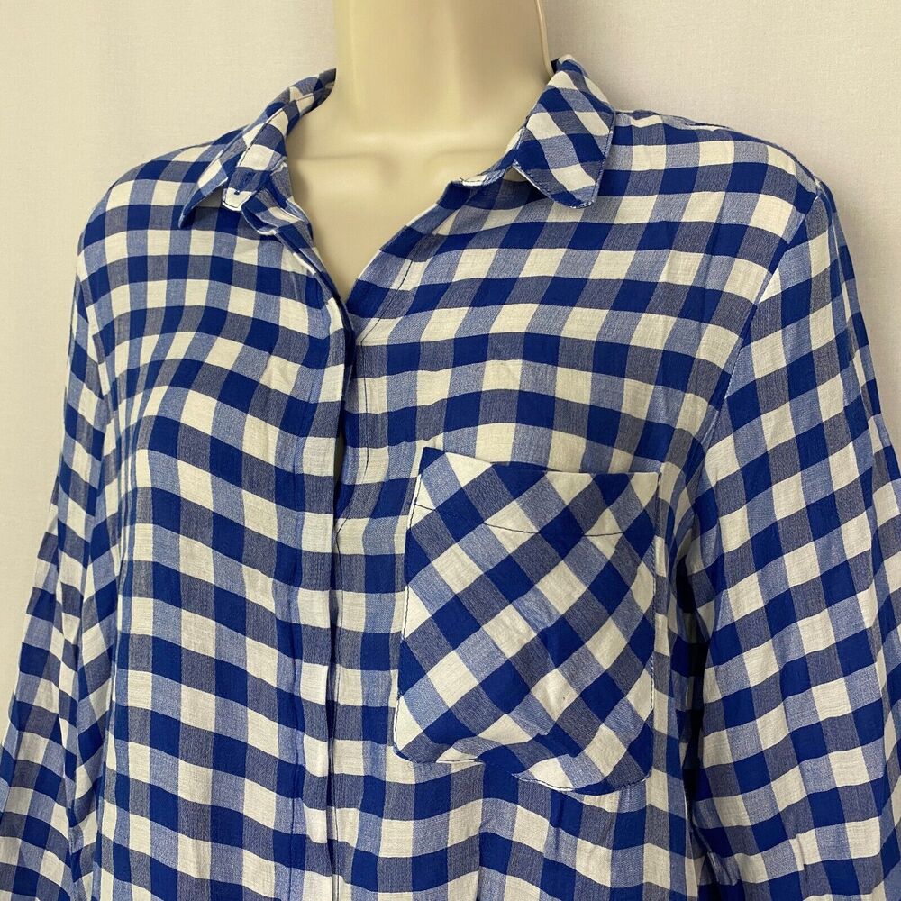 Zara‎ Basic Top Medium Womens Buffalo Plaid Button Up Pocket Silky Blue White - Picture 2 of 13